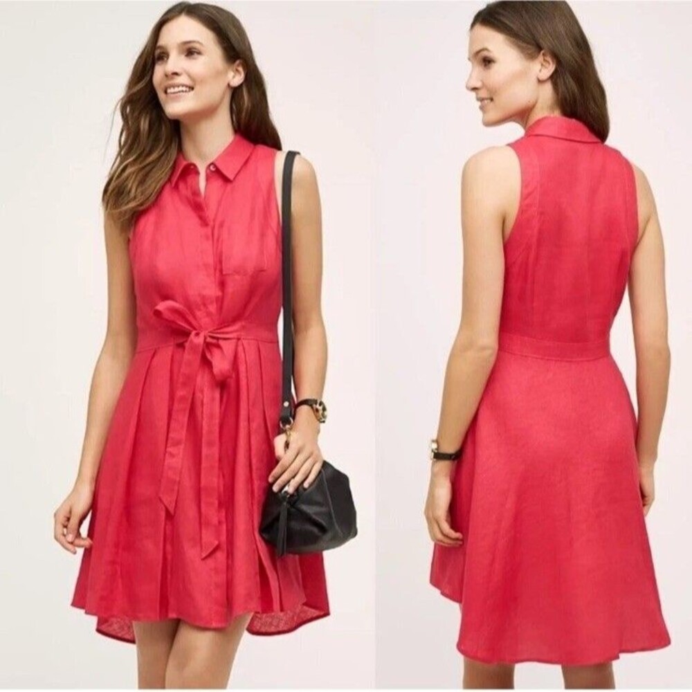Anthropologie HD In Paris Sz 12 Printemps Sleeveless Linen Shirtdress Raspberry